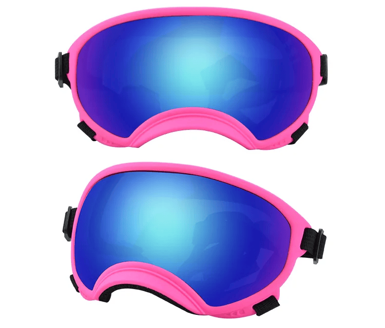 Hundebrille mit UV-Schutz für kleine & große Hunde – winddicht, verstellbar & Anti-Fog Rahmen: Rosa | Gläser: Blau