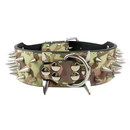 Hundehalsband mit Nieten für große Hunde Tarnung | Silberne Spikes