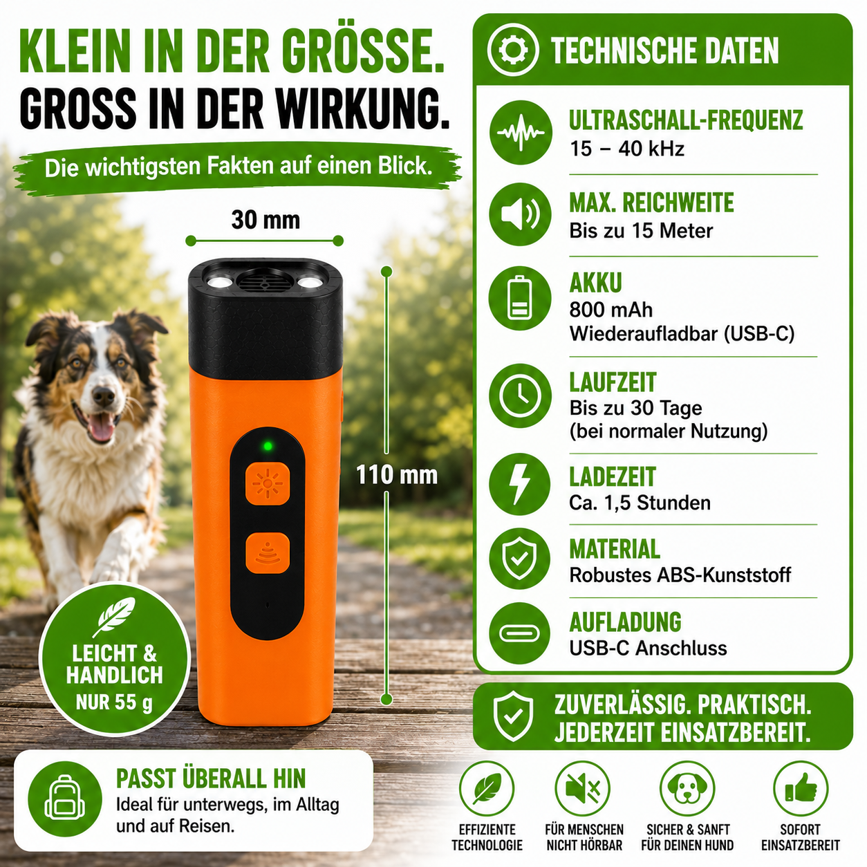 Wasserdichter Hunde-Ultraschalltrainer mit 3 Frequenzen und LED