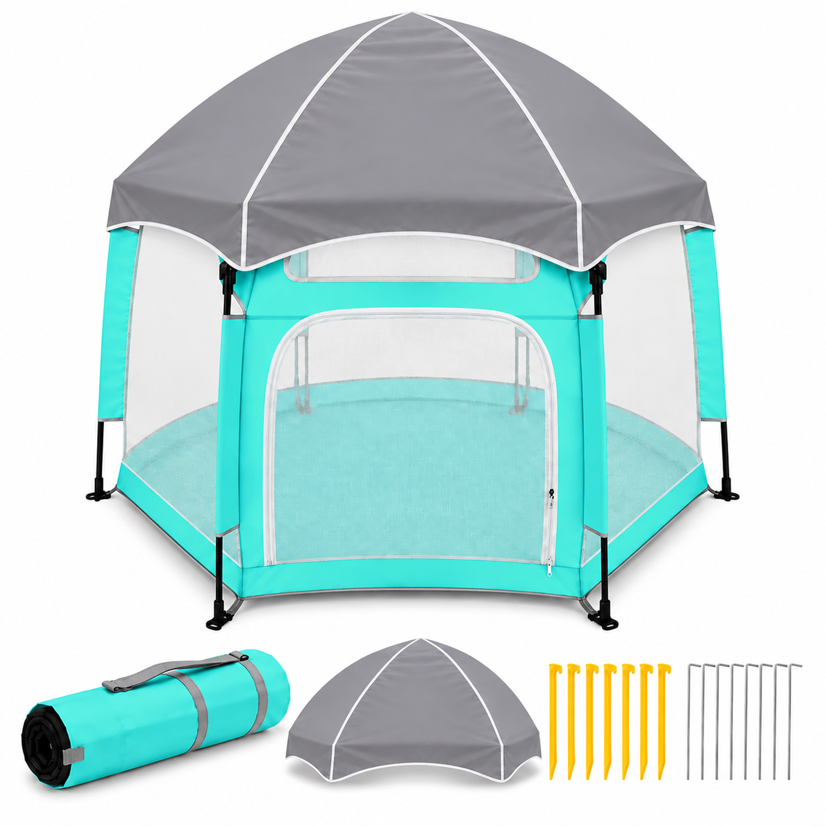 Faltbarer Hunde- & Katzenlaufstall mit Pop-Up-System Komplettset mit Sonnenschutz Cyan
