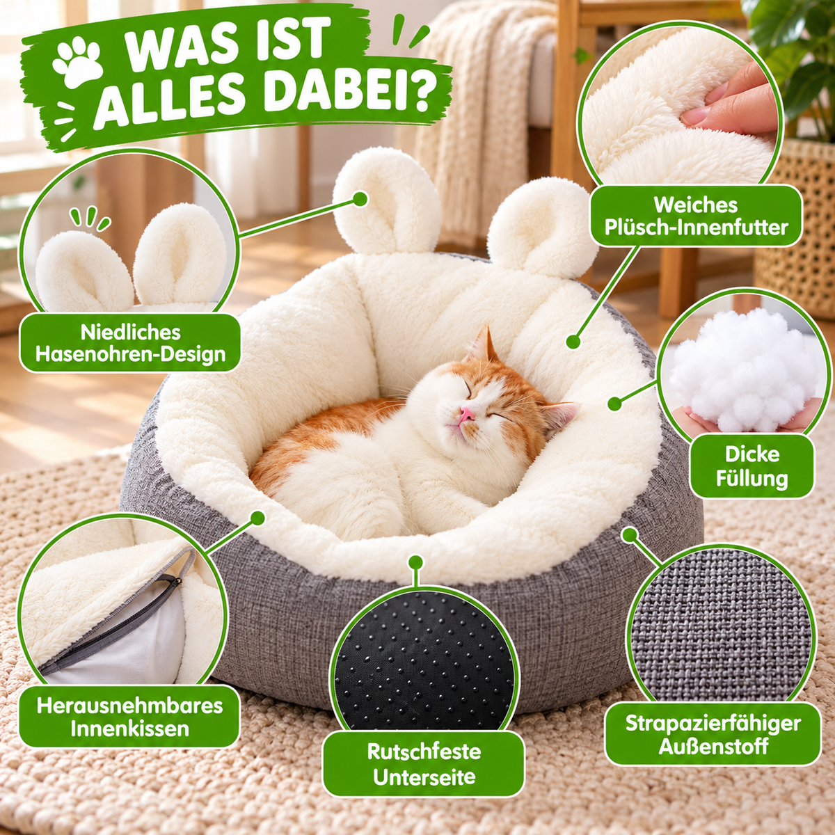 Katzenbett mit Hasenohren Design waschbar und rutschfest
