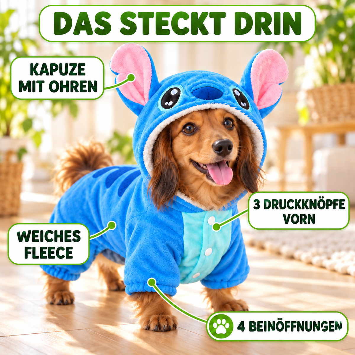 Stitch Hundekostüm mit Kapuze aus Fleece