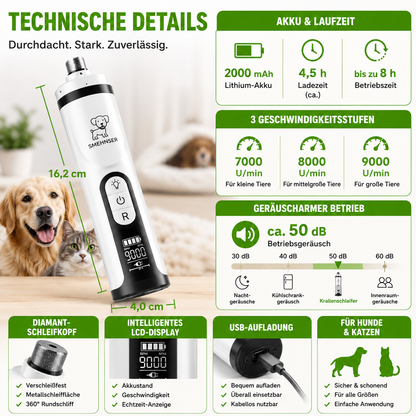 Leiser LED-Krallenschleifer für Hunde & Katzen mit LCD-Display & USB-Aufladung