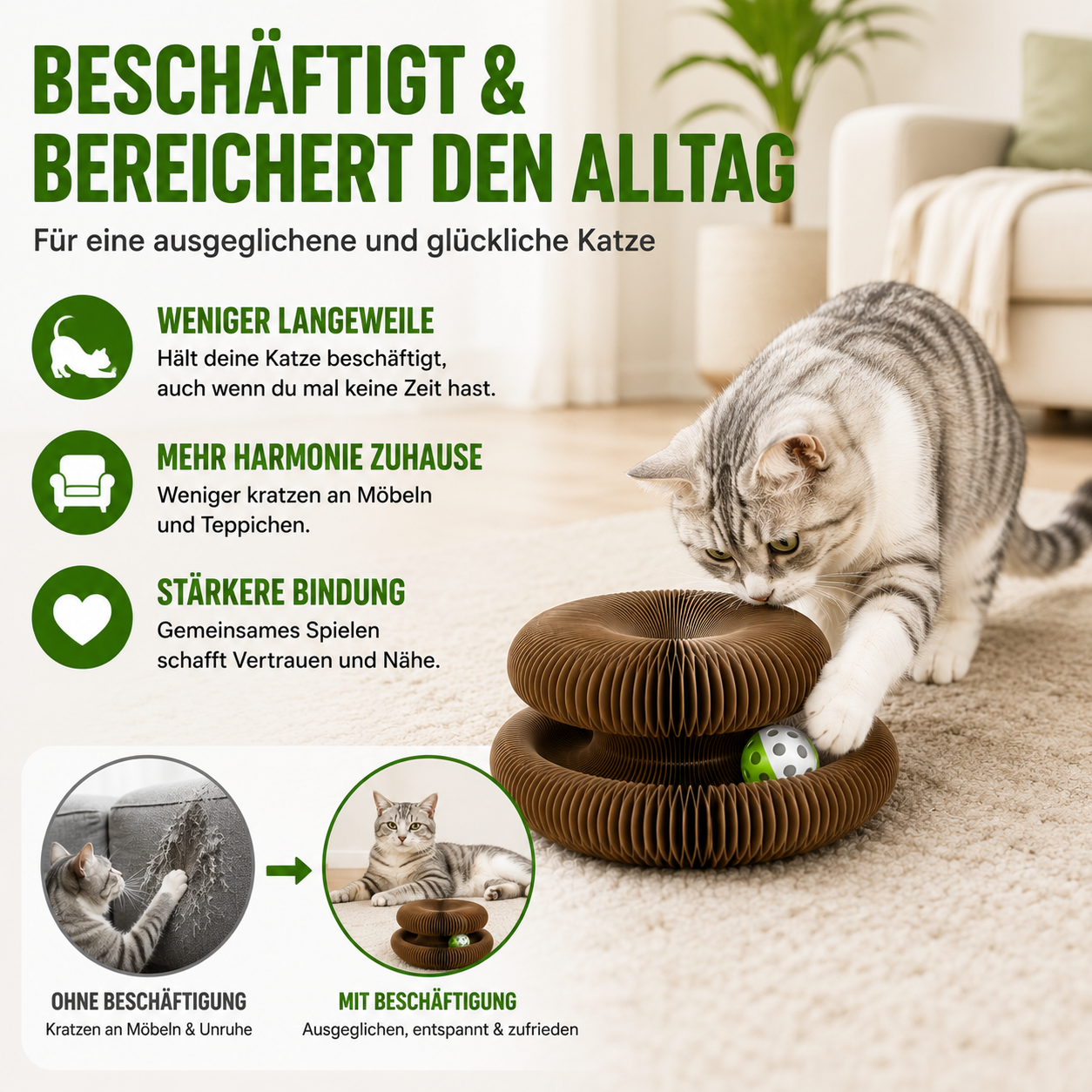 Magisches Katzen-Kratzspielzeug mit Spielball & extra dicker Wellpappe