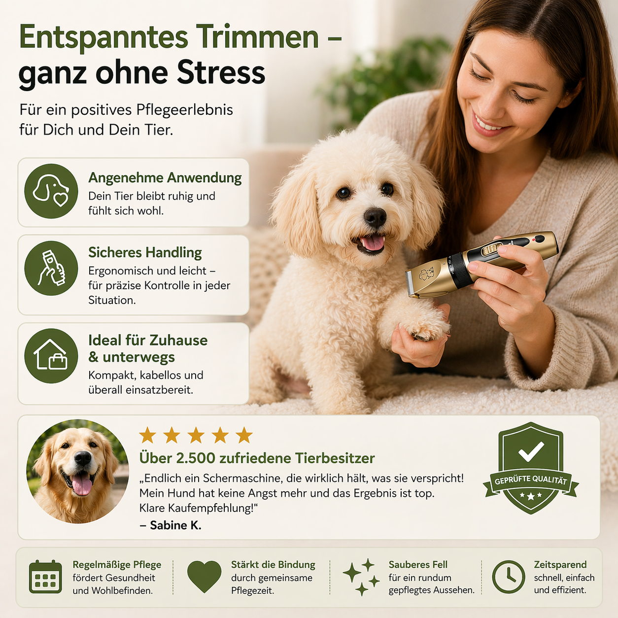Leiser Tierhaarschneider für Hunde & Katzen mit Keramik-Klinge