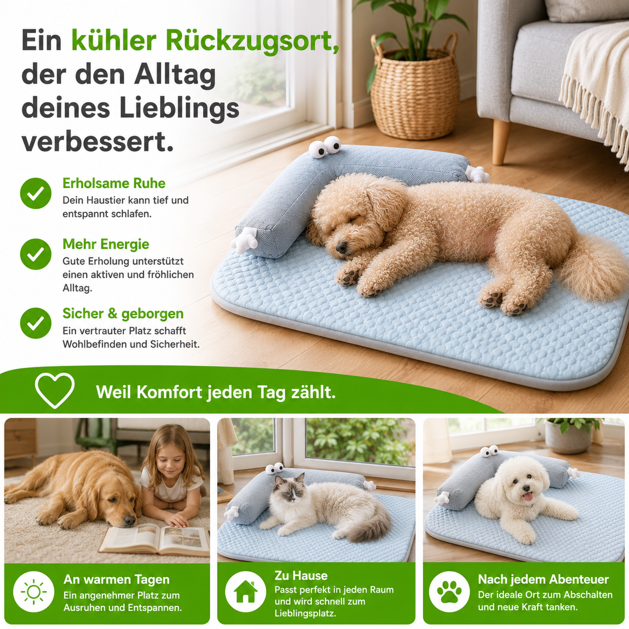 Kühlendes Haustierbett mit Nackenstütze