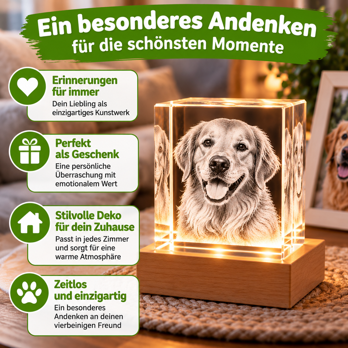 Personalisierter Haustier-Fotokristall mit 2D Gravur