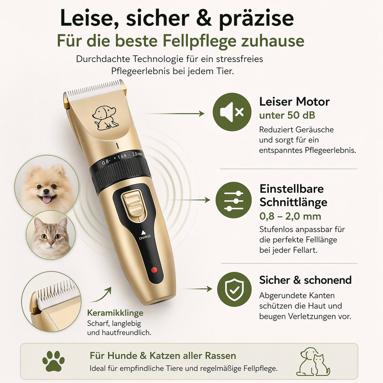 Leiser Tierhaarschneider für Hunde & Katzen mit Keramik-Klinge
