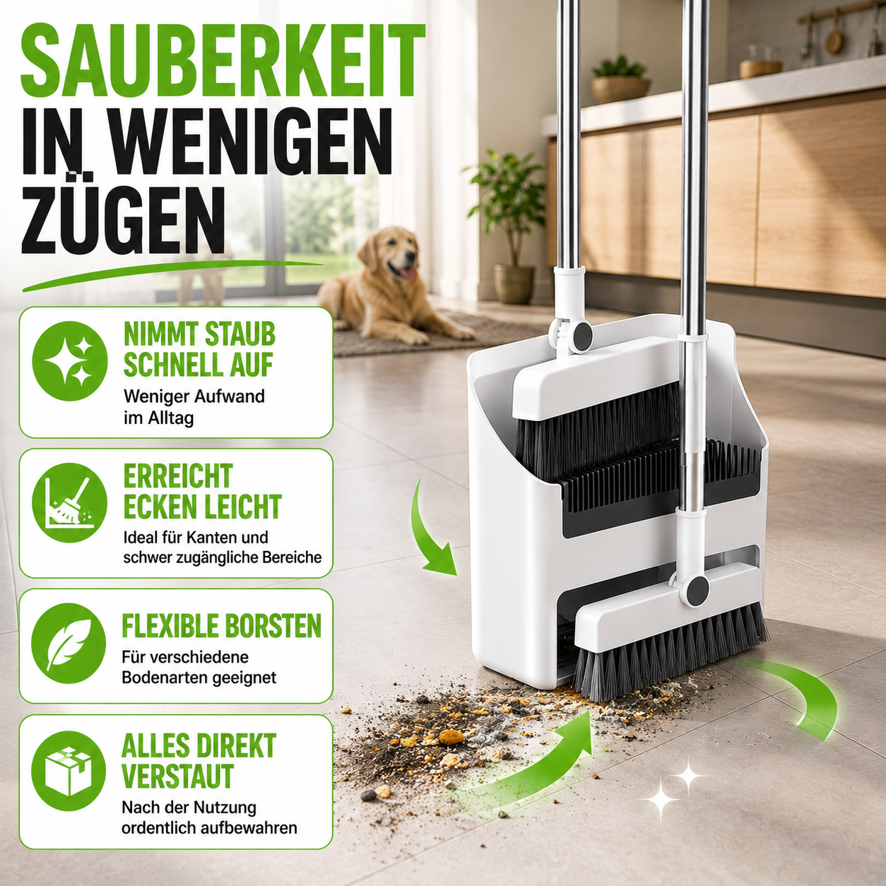 3-in-1 Kehrset mit integriertem Handbesen
