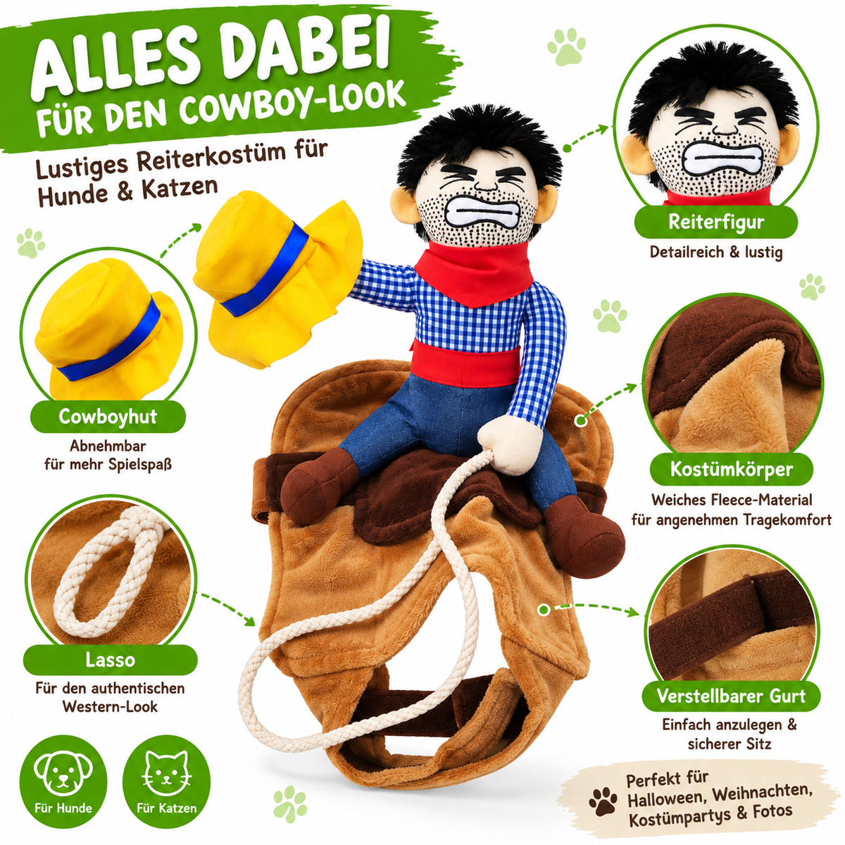 Cowboy-Kostüm für Hunde & Katzen mit Reiterfigur
