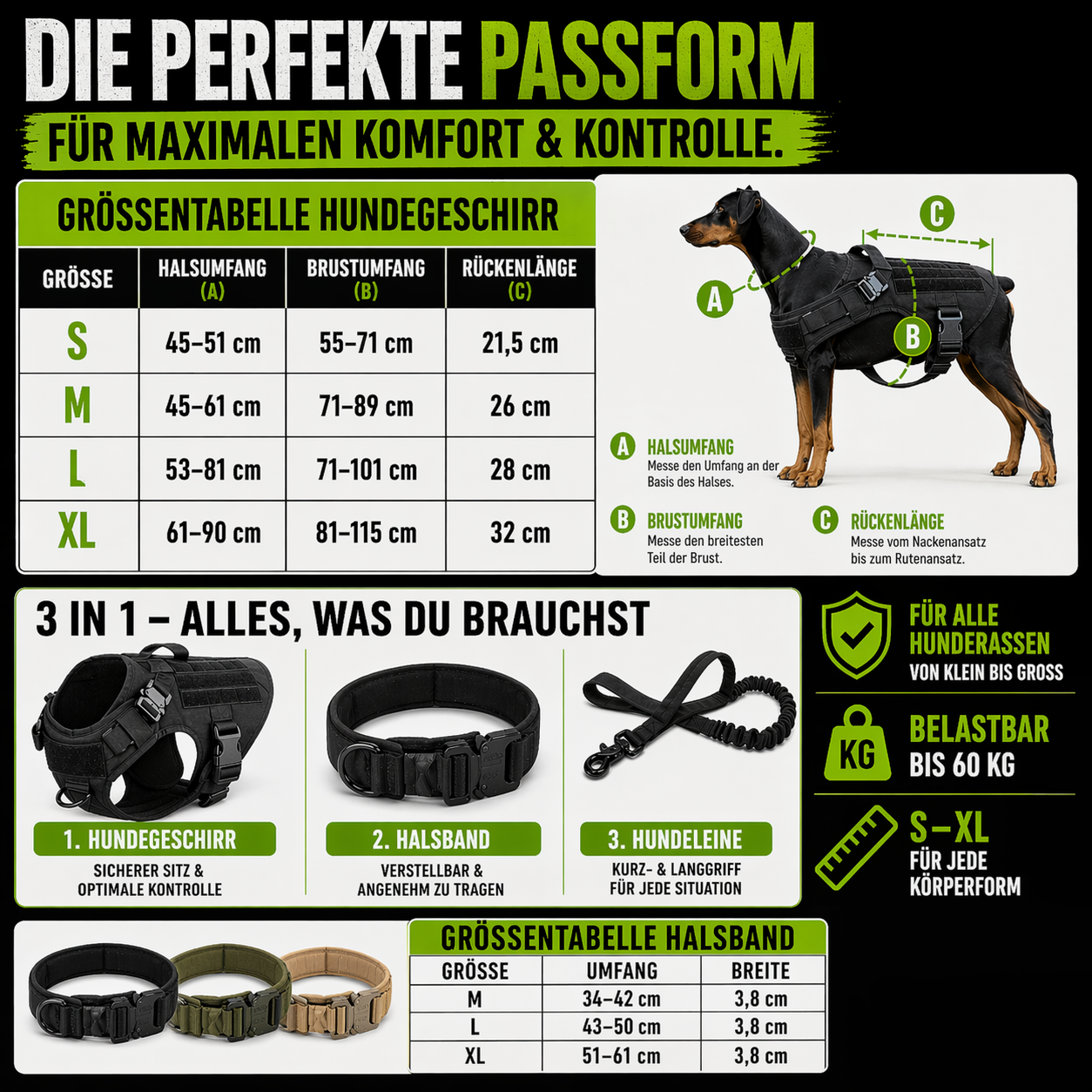 3 in 1 Komplettes Militär Hundegeschirr und Leinen-Set für Training und Spaziergänge