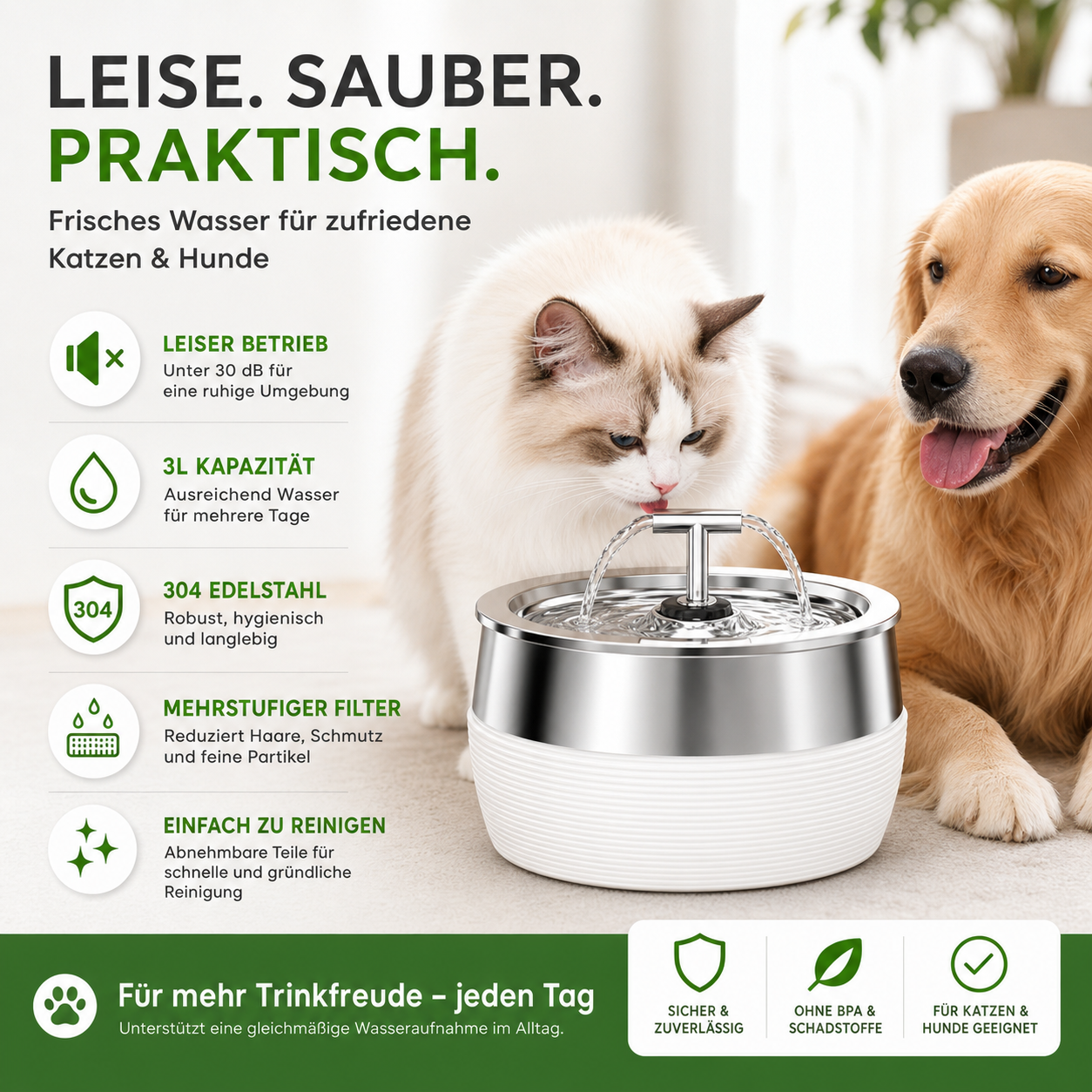 Leiser 3L Edelstahl Trinkbrunnen für Katzen & Hunde