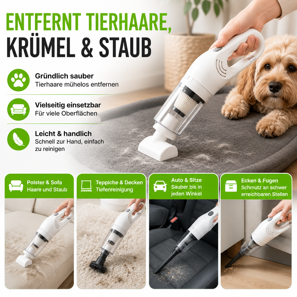 Kabelloser Tierhaarstaubsauger mit HEPA & 4 Aufsätzen