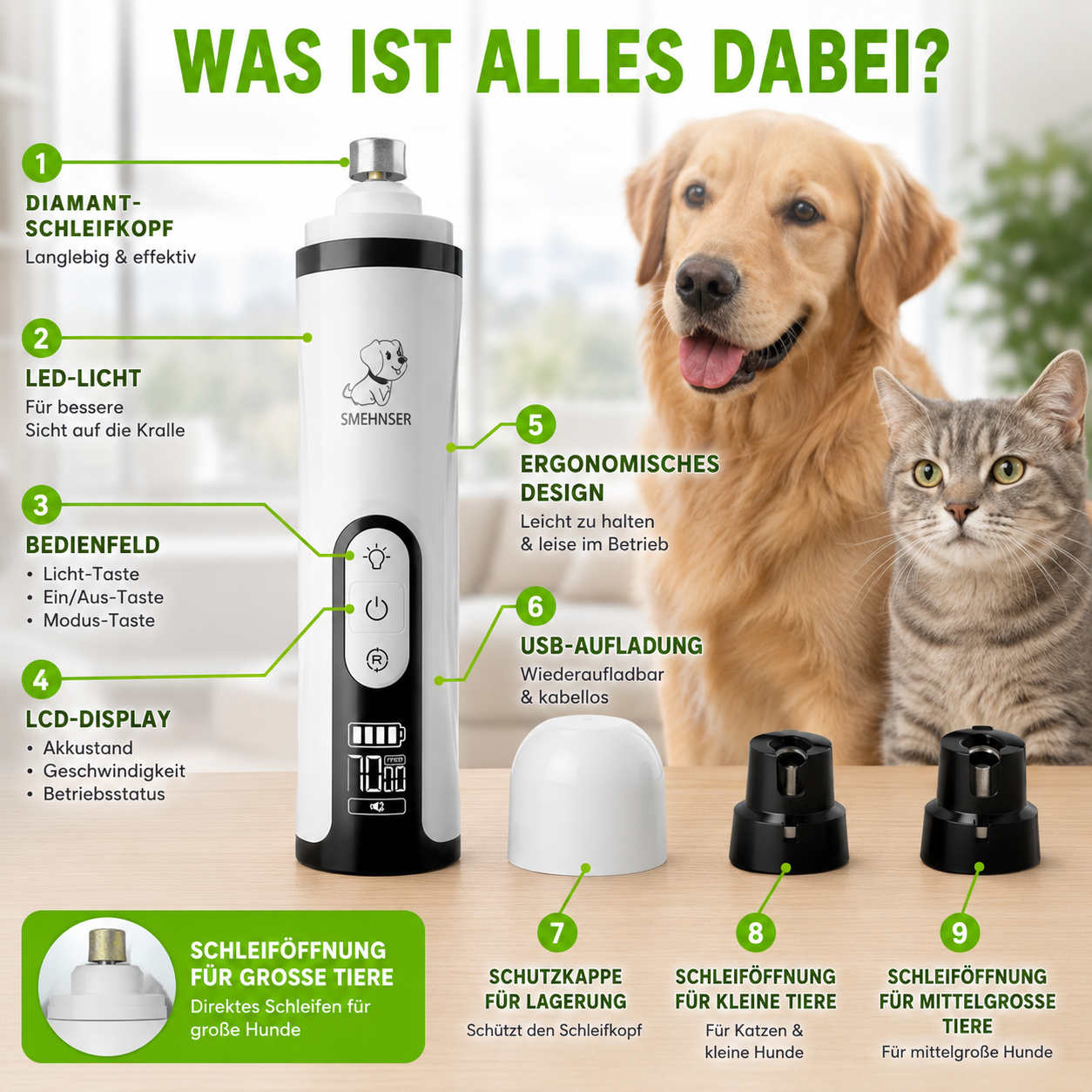 Leiser LED-Krallenschleifer für Hunde & Katzen mit LCD-Display & USB-Aufladung