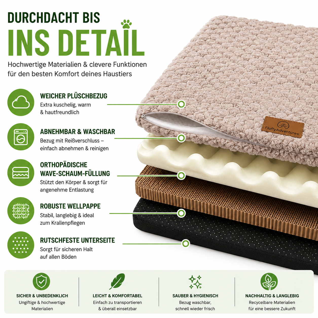 Orthopädisches Haustierbett mit Plüschbezug & Anti-Rutsch-Unterseite