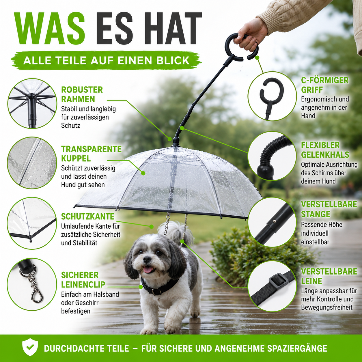 Transparenter Hundeschirm mit verstellbarer Leine