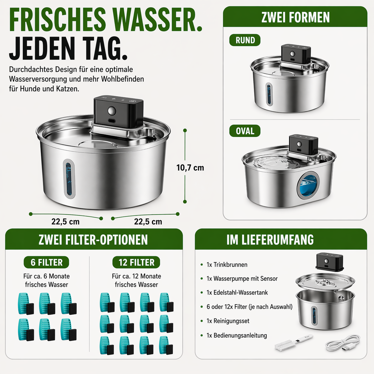 Kabelloser Edelstahl Trinkbrunnen 3,2 L mit 45 Tage Akku