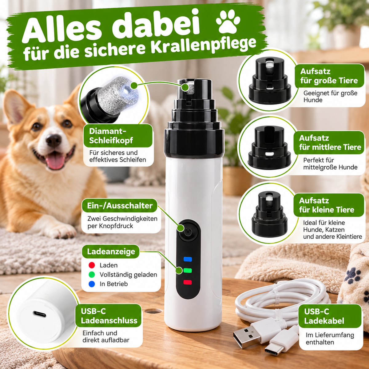 Leiser LED-Krallenschleifer mit USB
