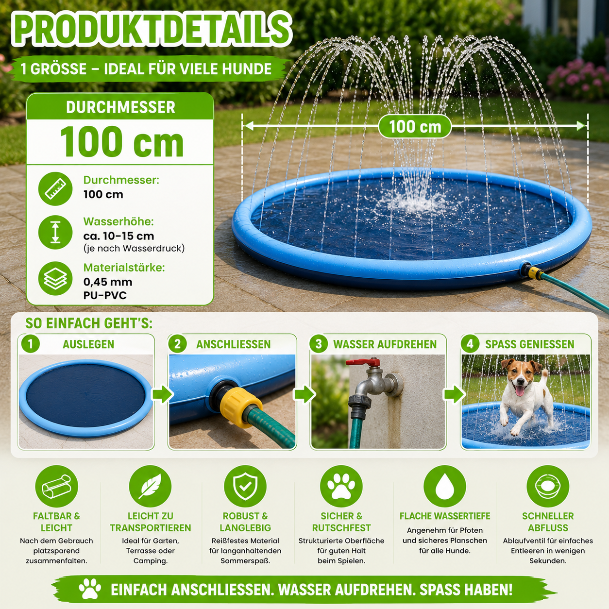 Faltbarer Hundepool mit Wassersprühfunktion