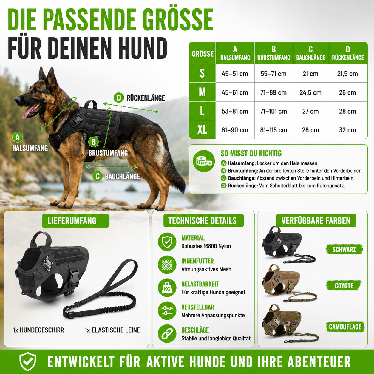 2 in 1 Komplettes Militär Hundegeschirr und Leinen-Set für Training und Spaziergänge