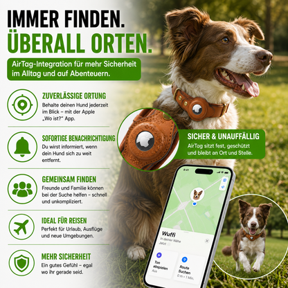 Echtes Lederhalsband mit Airtag-Halter für Hunde