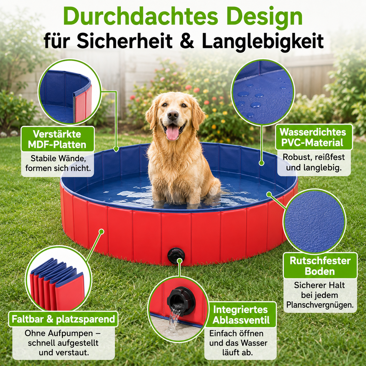 Faltbarer PVC Hundepool mit Abflussventil