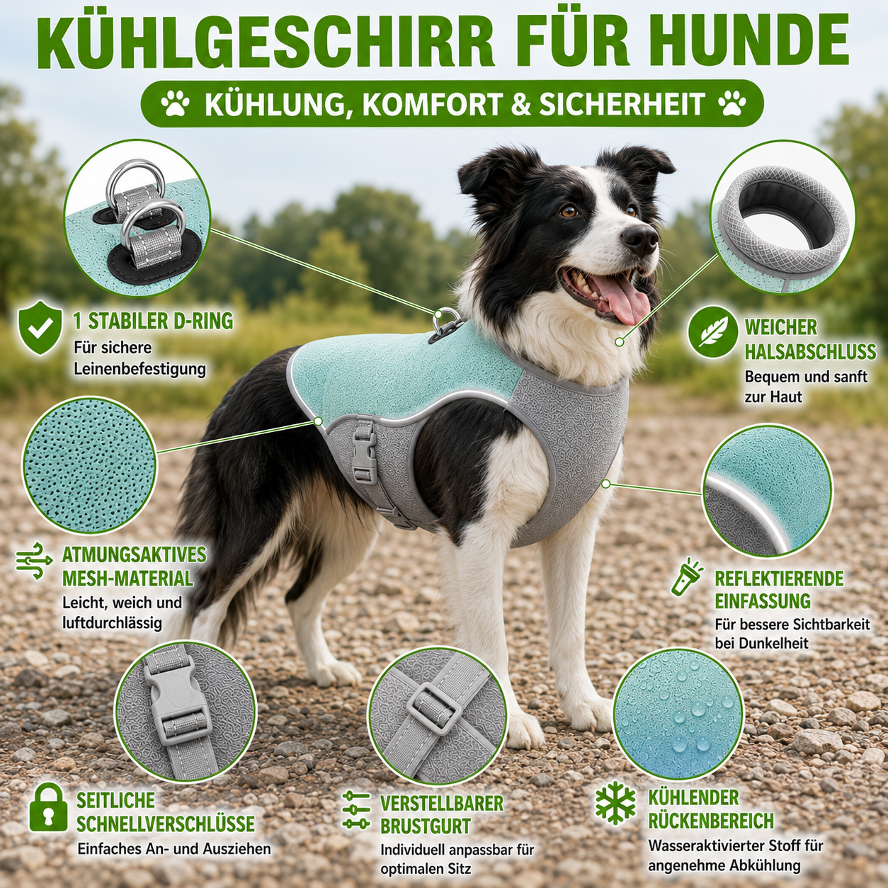 Kühlweste Hund mit Geschirr und Reflektoren