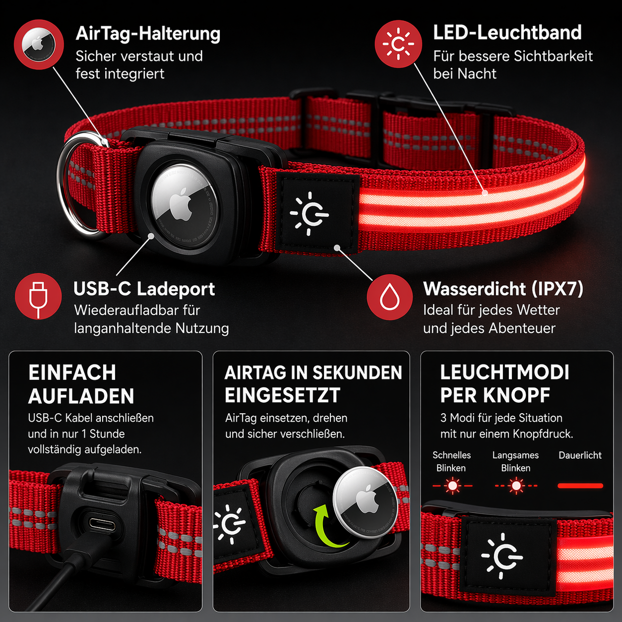 Wasserdichtes LED AirTag Hundehalsband mit USB-C