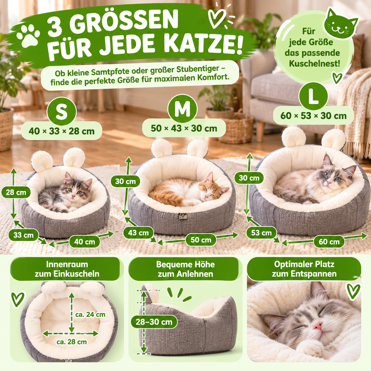 Katzenbett mit Hasenohren Design waschbar und rutschfest