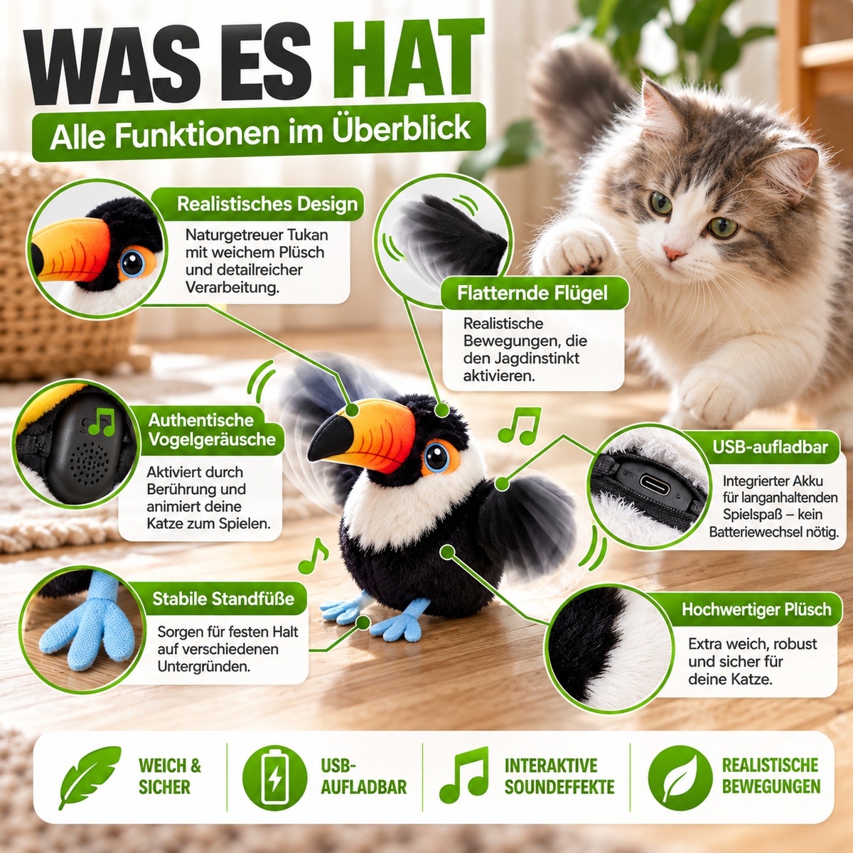 Interaktives Vogelspielzeug mit Bewegungssensor