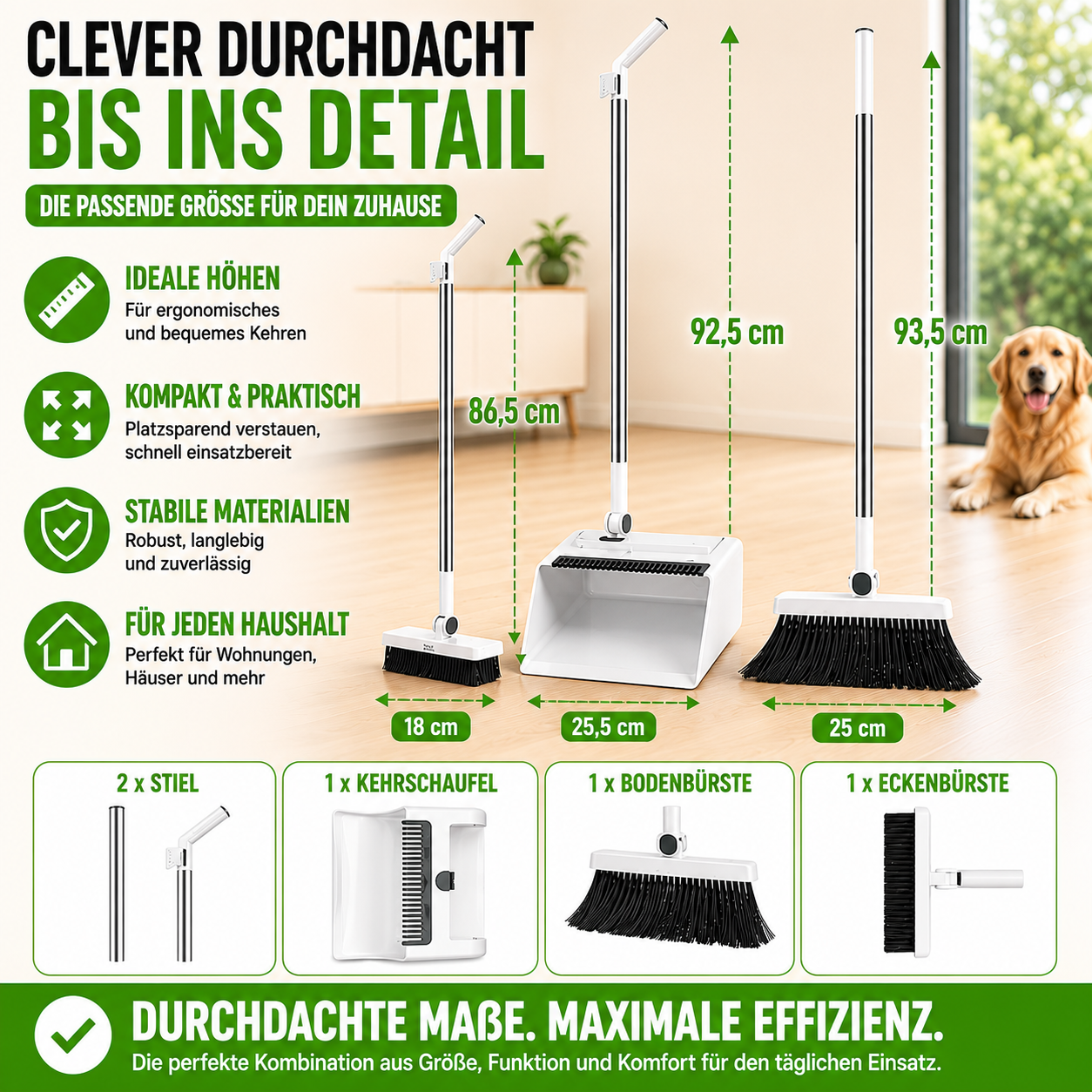 3-in-1 Kehrset mit integriertem Handbesen