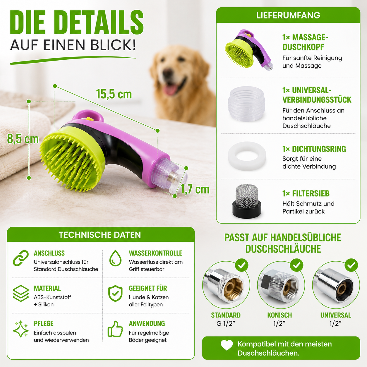 2-in-1 Massage- & Pflegedusche für Haustiere