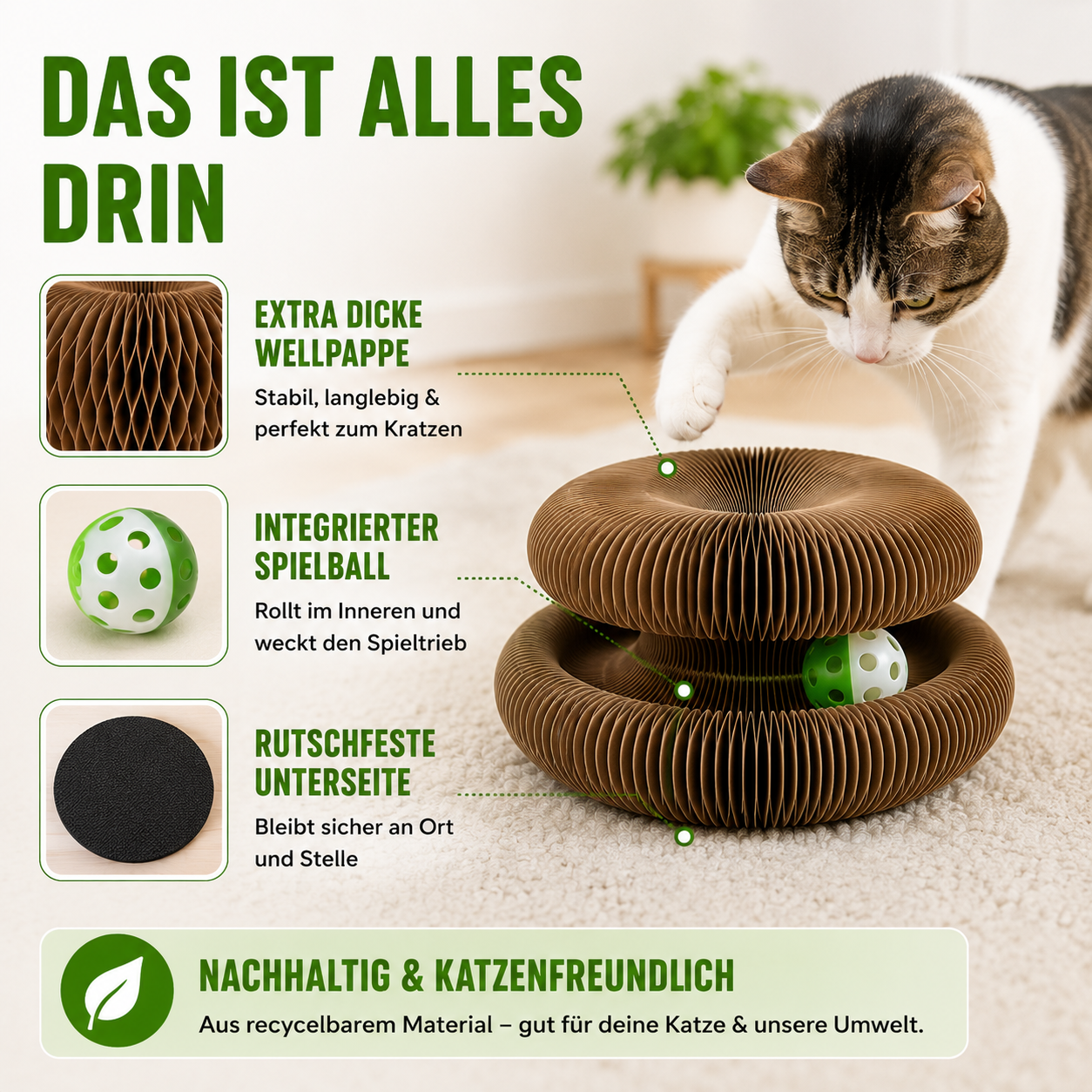 Magisches Katzen-Kratzspielzeug mit Spielball & extra dicker Wellpappe