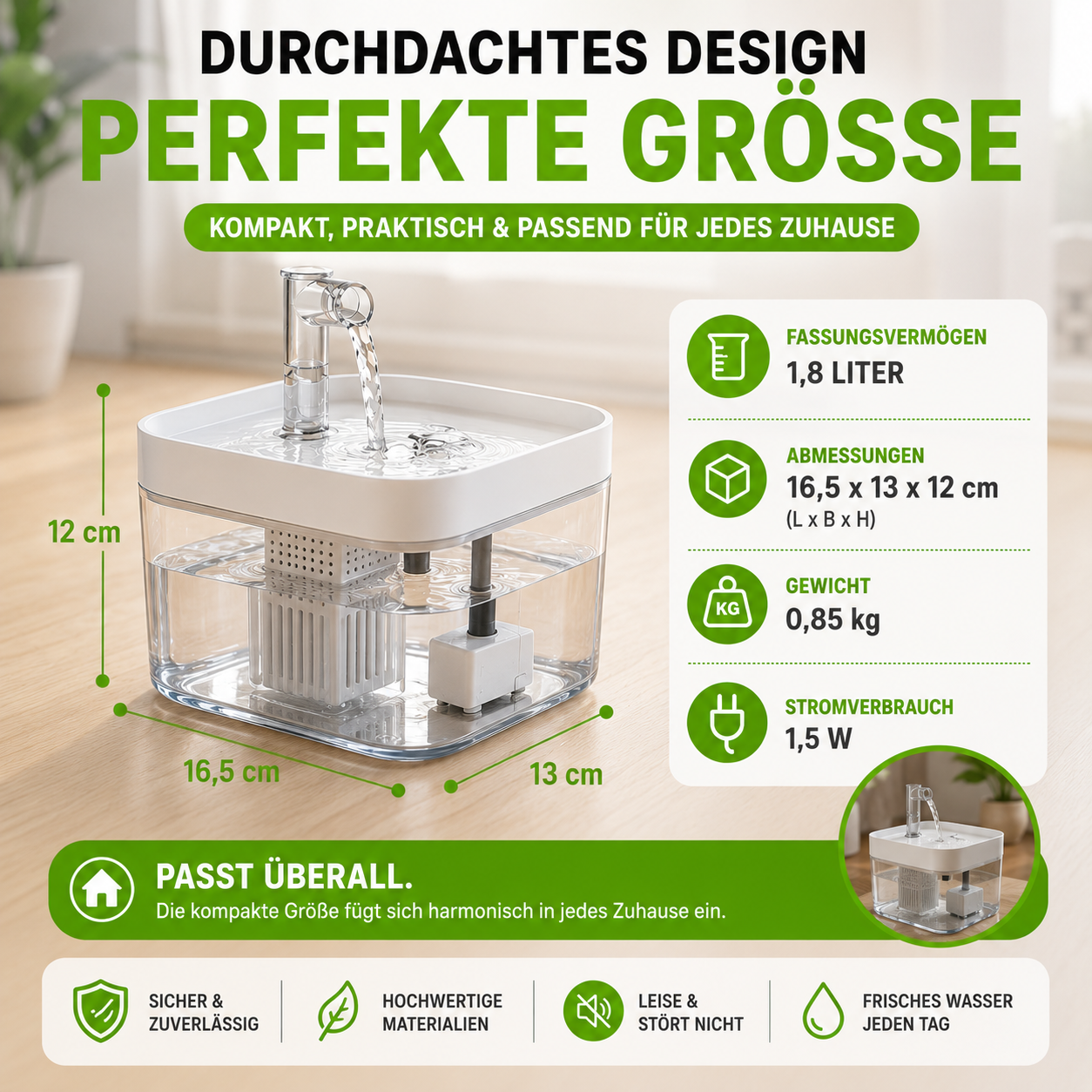 Leiser Katzen Trinkbrunnen mit Filter 1,5L