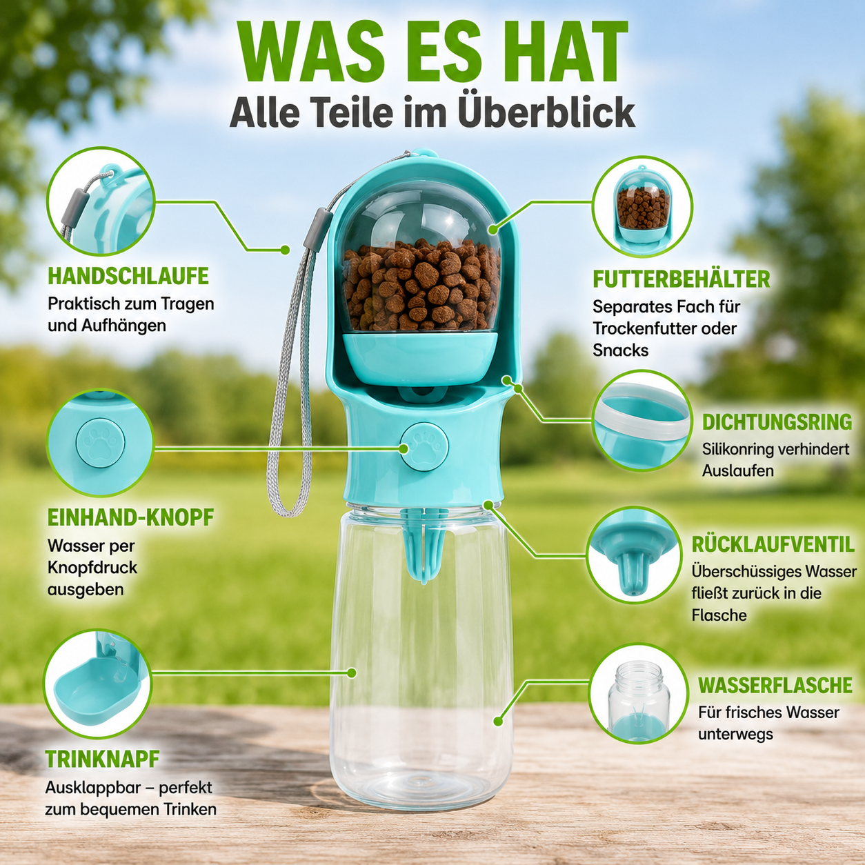 2-in-1 Trinkflasche mit Futterfach für Haustiere
