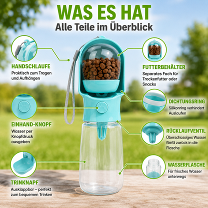 2-in-1 Trinkflasche mit Futterfach für Haustiere