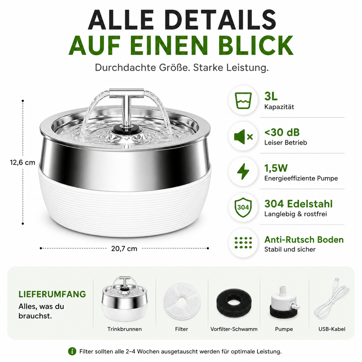 Leiser 3L Edelstahl Trinkbrunnen für Katzen & Hunde
