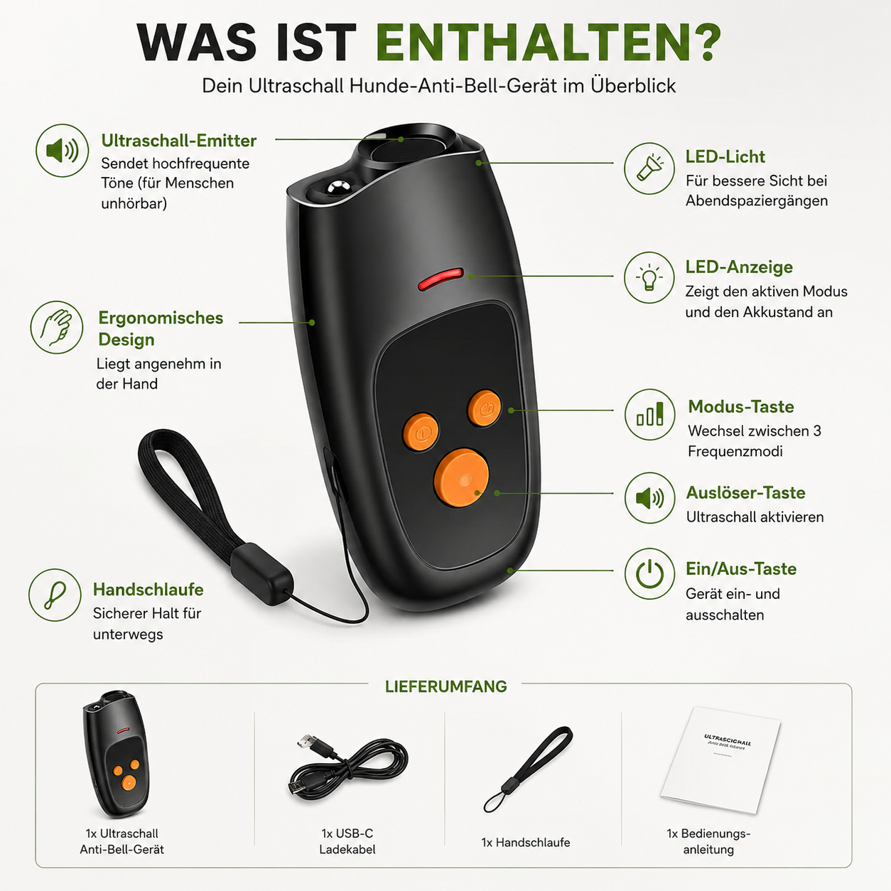 Ultraschall Hunde-Anti-Bell-Gerät mit LED-Licht & USB-Aufladung