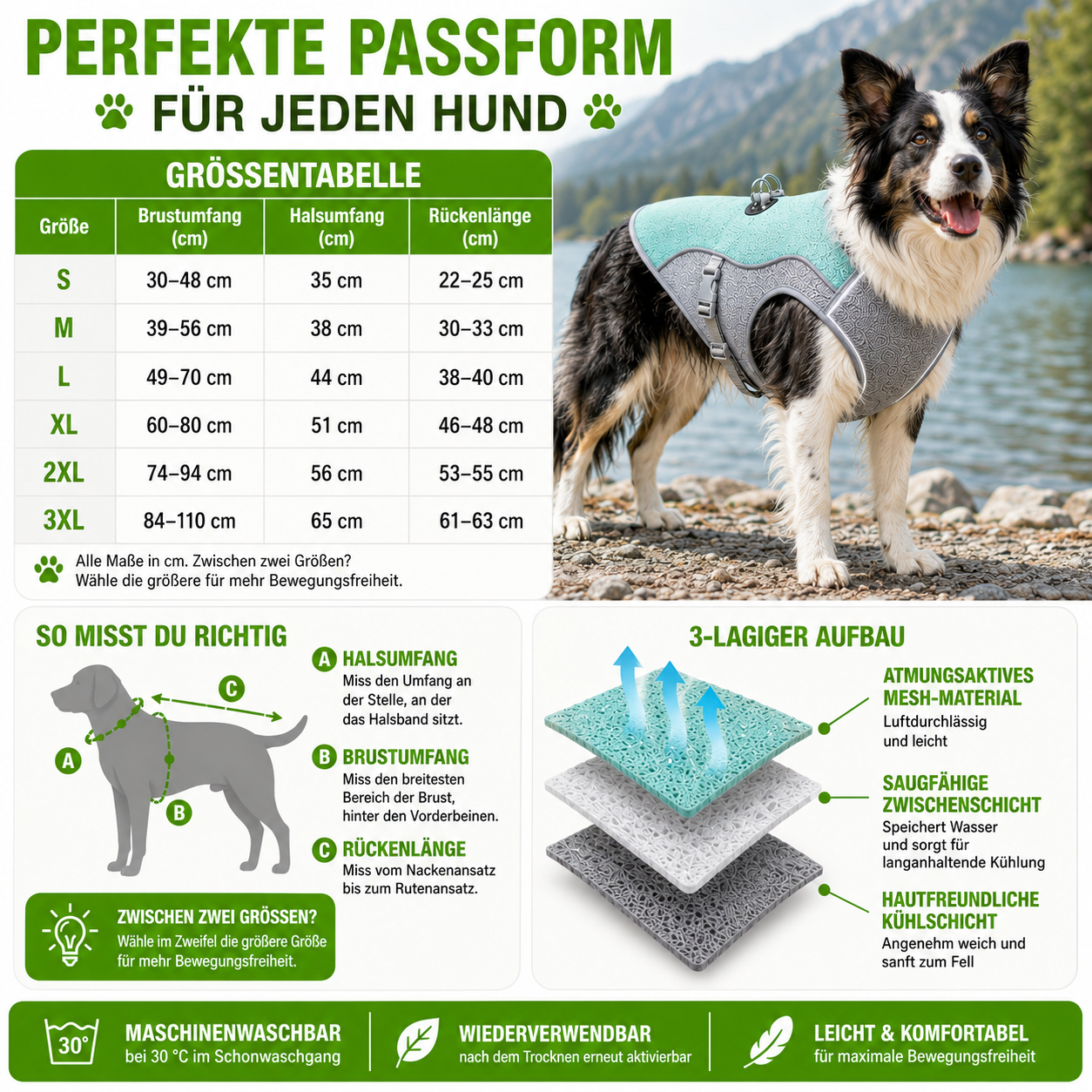 Kühlweste Hund mit Geschirr und Reflektoren