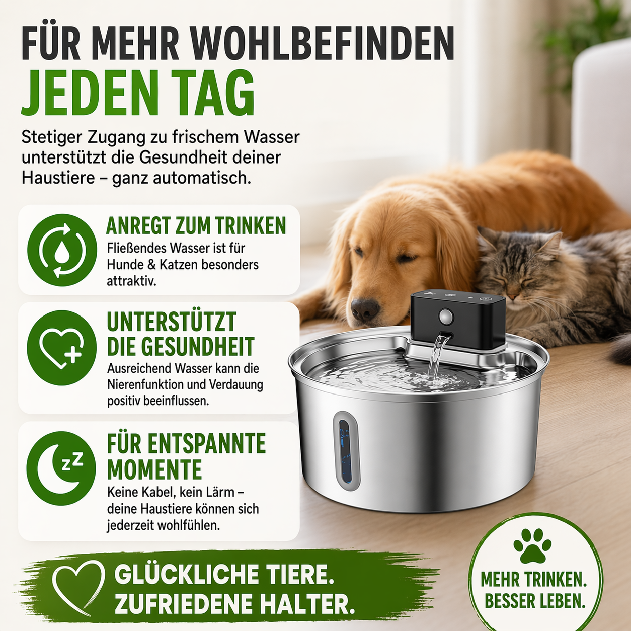 Kabelloser Edelstahl Trinkbrunnen 3,2 L mit 45 Tage Akku