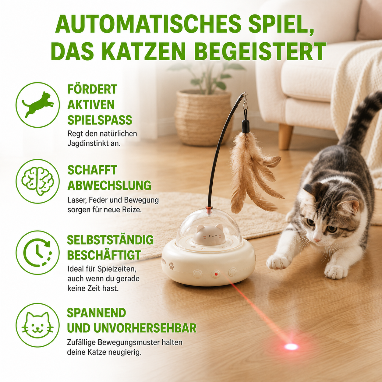 Smartes Katzen Spielzeug mit LED Laser & Feder