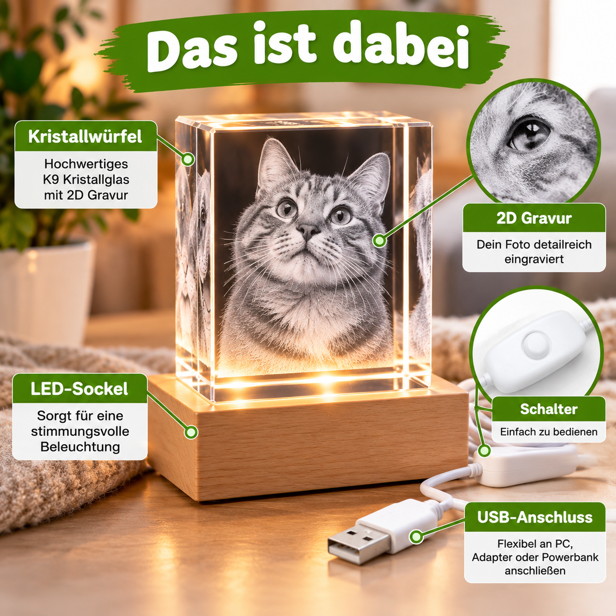 Personalisierter Haustier-Fotokristall mit 2D Gravur