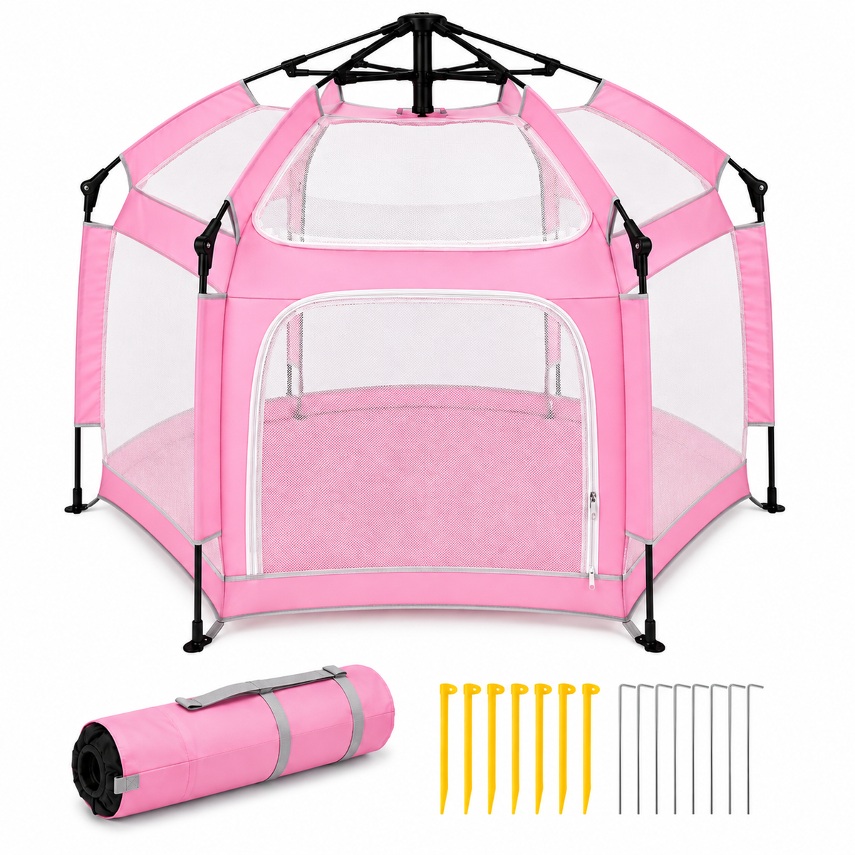 Faltbarer Hunde- & Katzenlaufstall mit Pop-Up-System Set mit Bodenankern Rosa