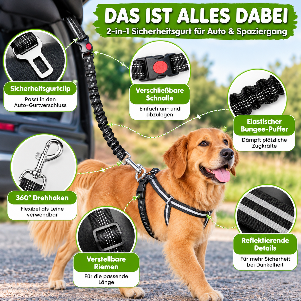 Reflektierendes 2-in-1 Hundegeschirr für Auto & Spaziergang