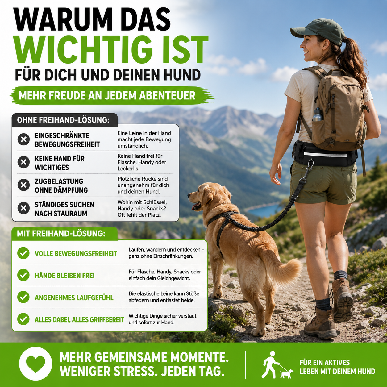 Freihand Hundeleine mit Bauchtasche & Bungee-Leine