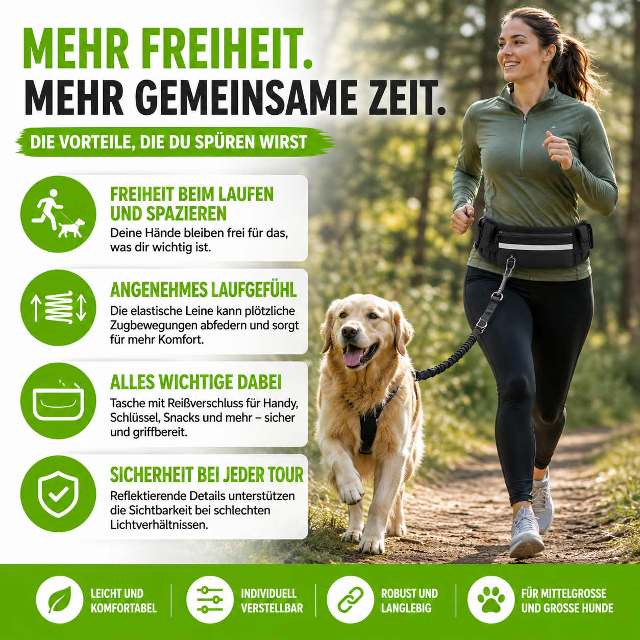 Freihand Hundeleine mit Bauchtasche & Bungee-Leine