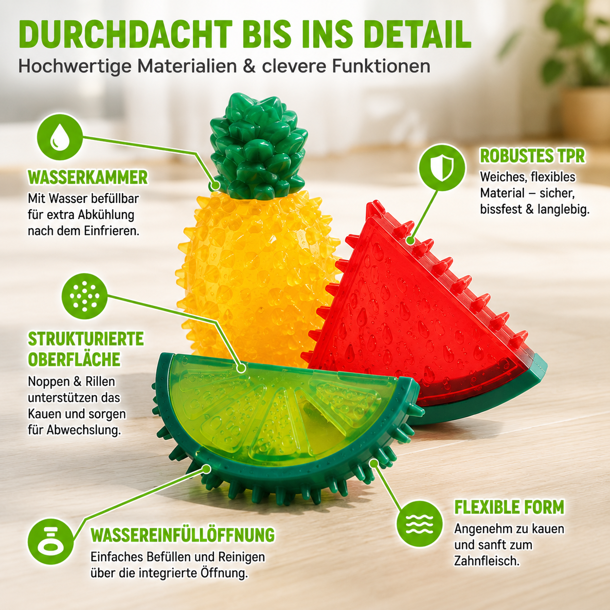 Gefrierbares Hundespielzeug im Frucht-Design