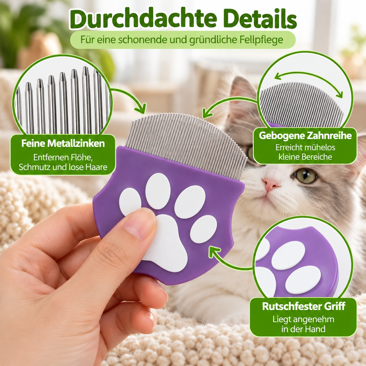 Flohkamm für Hunde & Katzen mit gebogenen Zinken