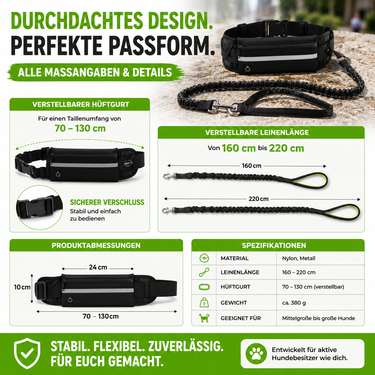 Freihand Hundeleine mit Bauchtasche & Bungee-Leine
