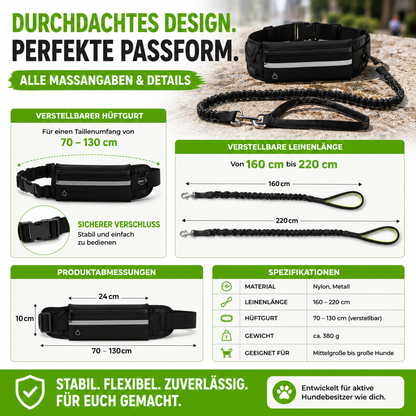 Freihand Hundeleine mit Bauchtasche & Bungee-Leine